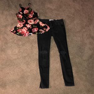 Peplum floral shirt and distressed Garage jeans